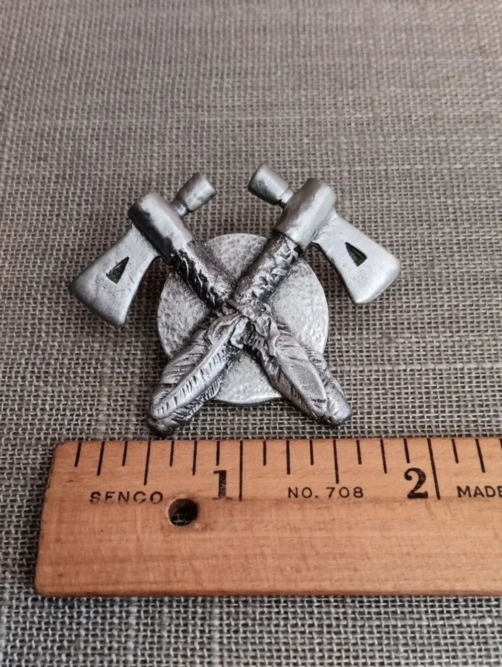Silver Pewter Tomahawk and Feather Bolo Tie Center No Cord Vintage 1995